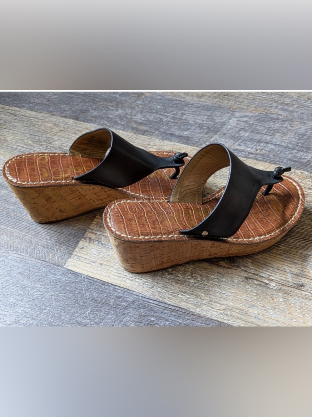 Sam Edelman Black Leather Cork Wedge Thong Sandals Sz 6